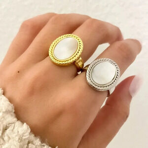 925 Sterling Silver Mother of Pearl Statement Ring Chunky Ring Round Oval Rng